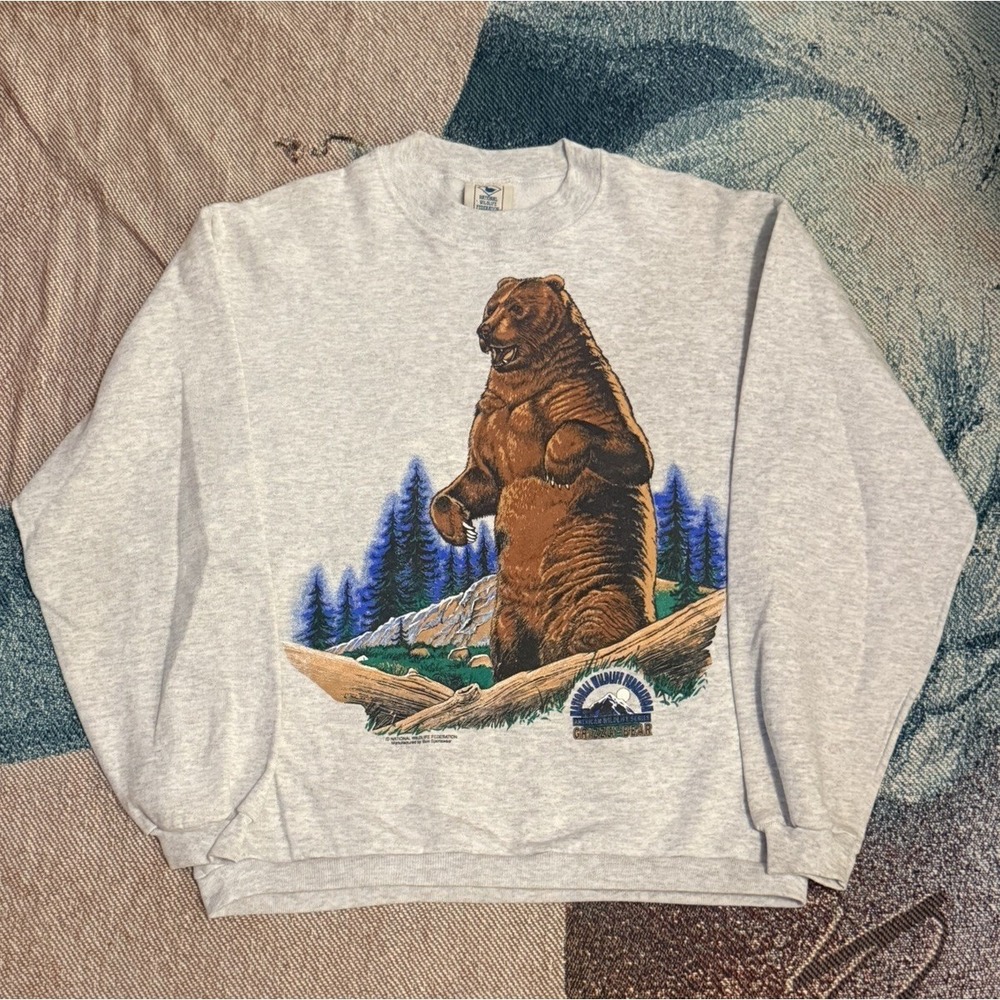 Vintage 90s Animal Print‎ Grizzly Bear Sweatshirt Blue National Wildlife medium